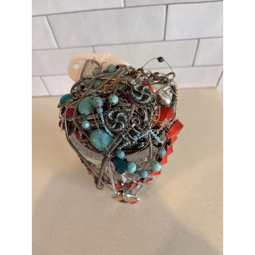 LARGE VTG Native Boho Mystery Jewelry Jar Turquoise Silver Gold Tone Bead